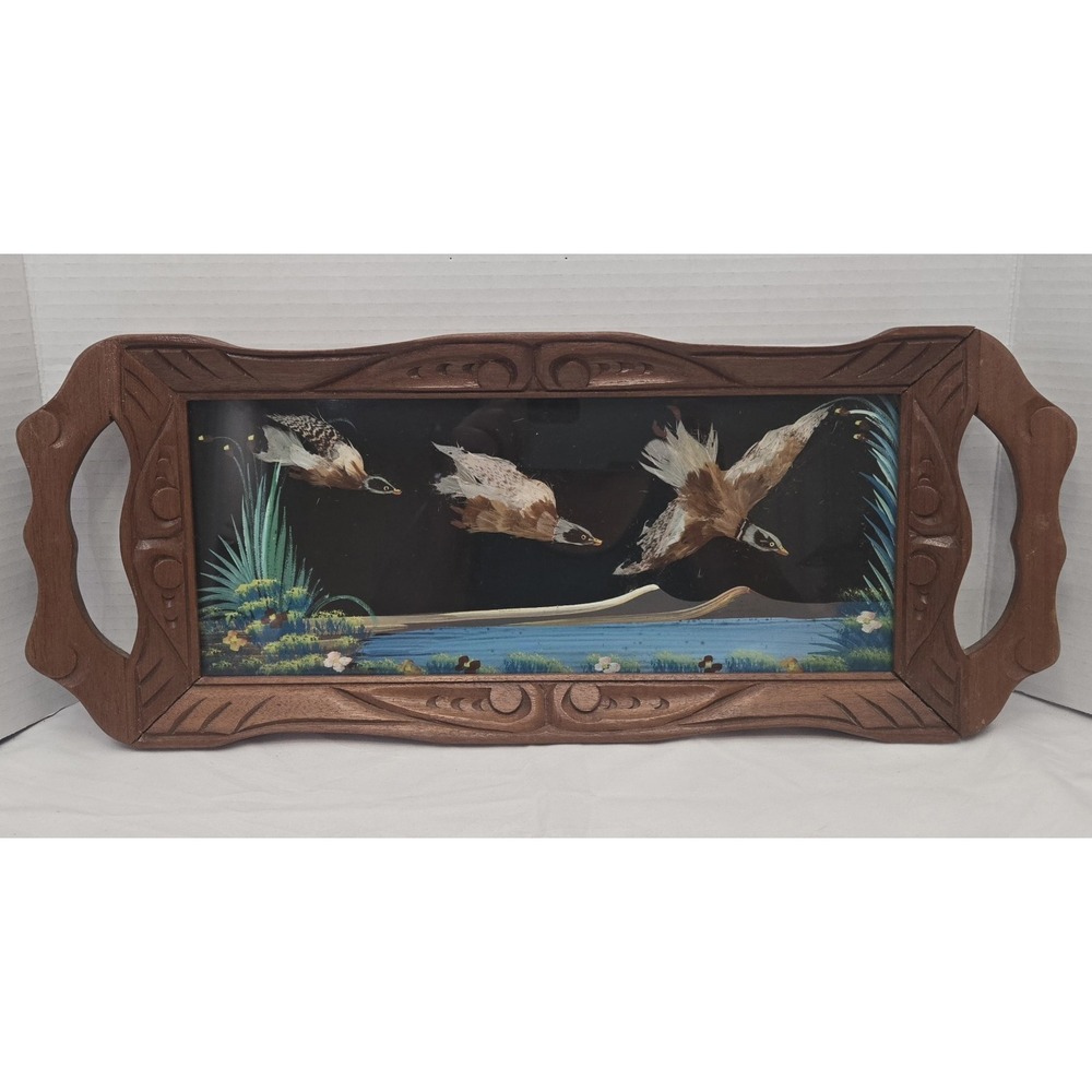 Vintage Pheasant Feather Art Hand Painted Folk Picture Made in Mexico Wood Frame